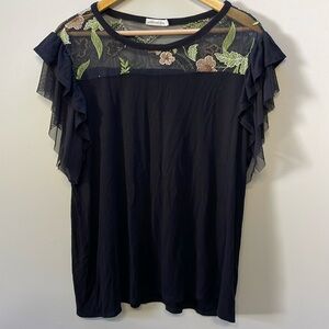 Pebble and stone floral embroidered mesh, short sleeve blouse